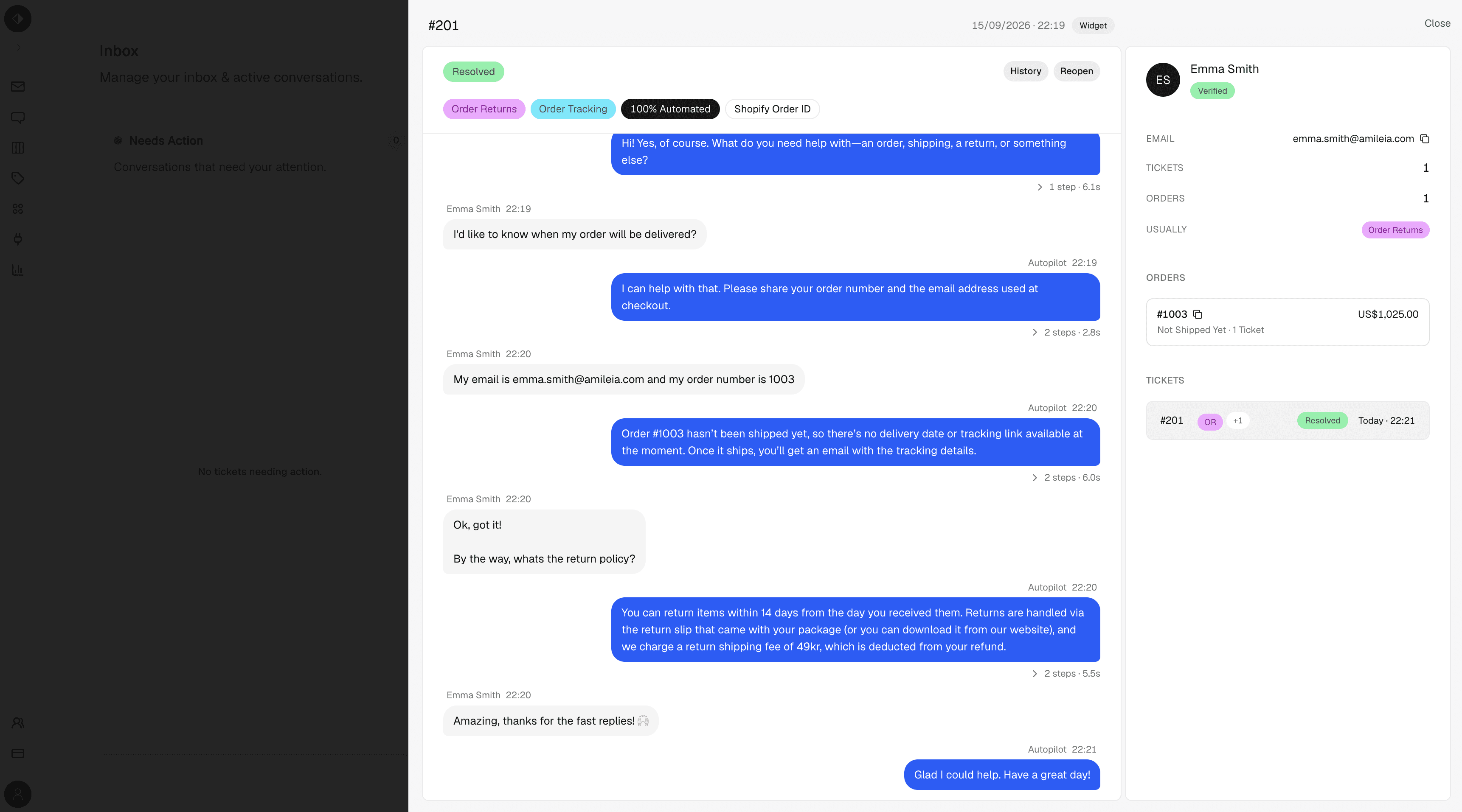 Amileia platform showing full customer context