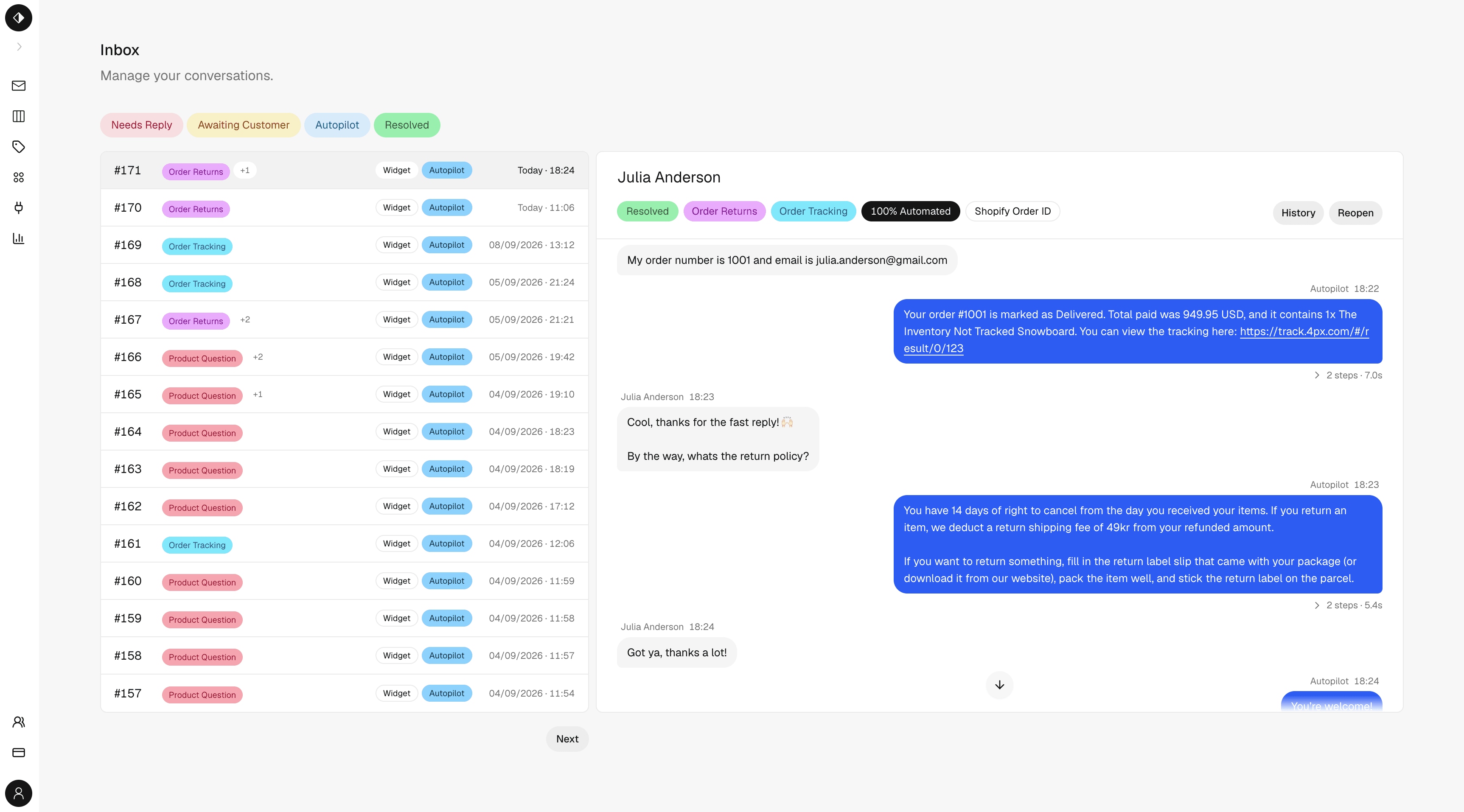 Amileia platform inbox showing AI-resolved customer support conversations